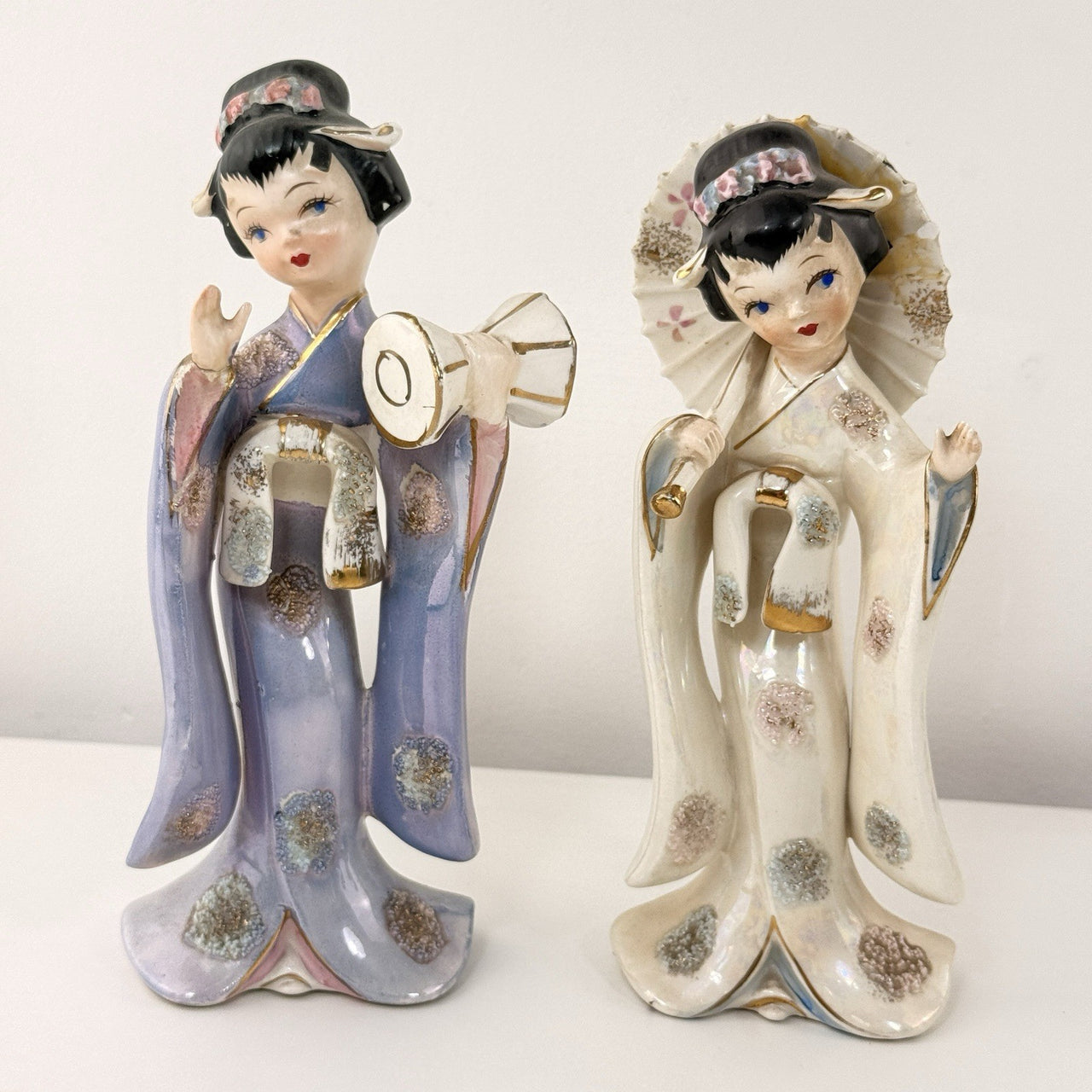 Vintage Geisha Girl Figurines Pair 9” Ceramic Japan Style Kimono Parasol & Drum0