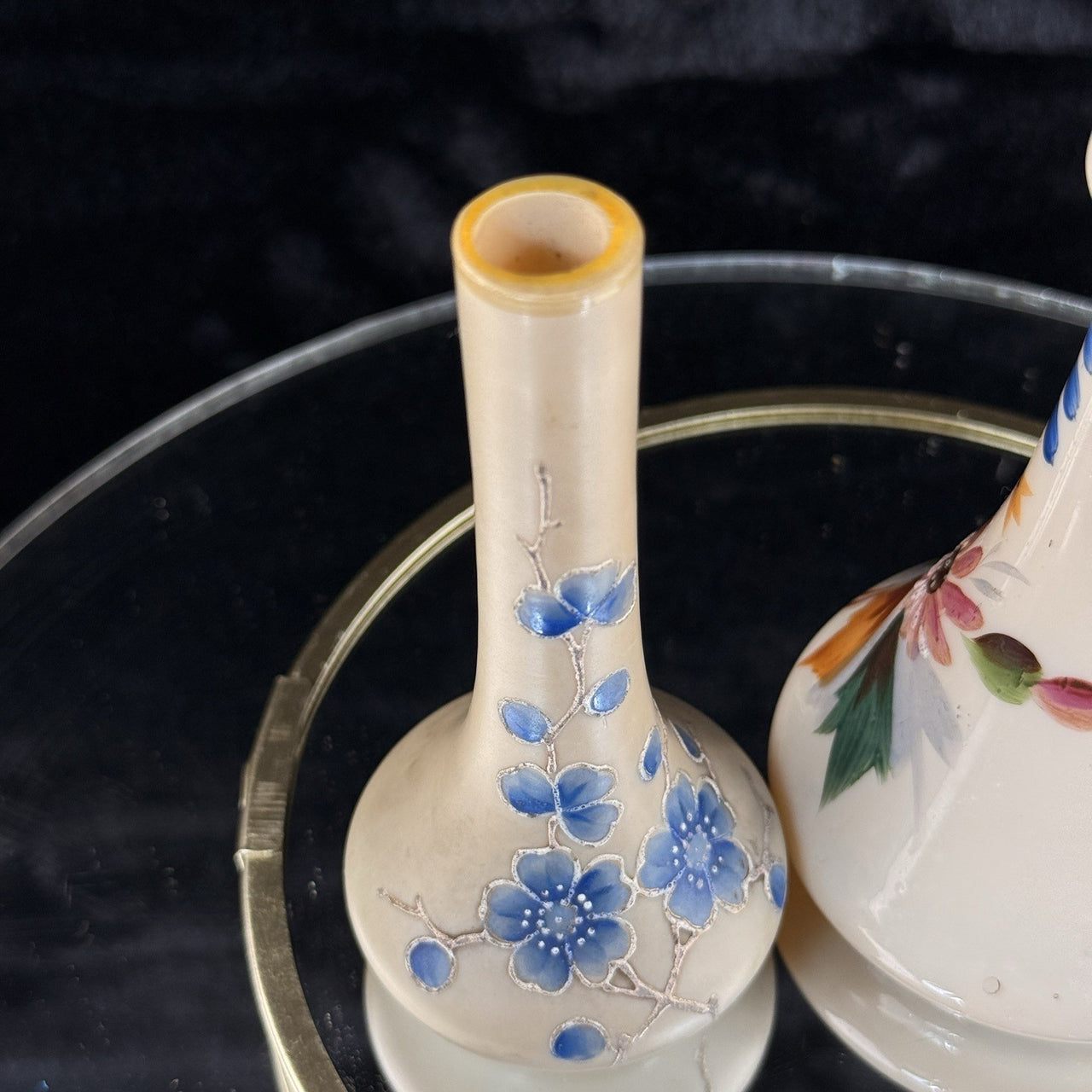 Vintageantique Hand Painted Milk Glass Bud Vase pair Floral Motif Blue Enamel10