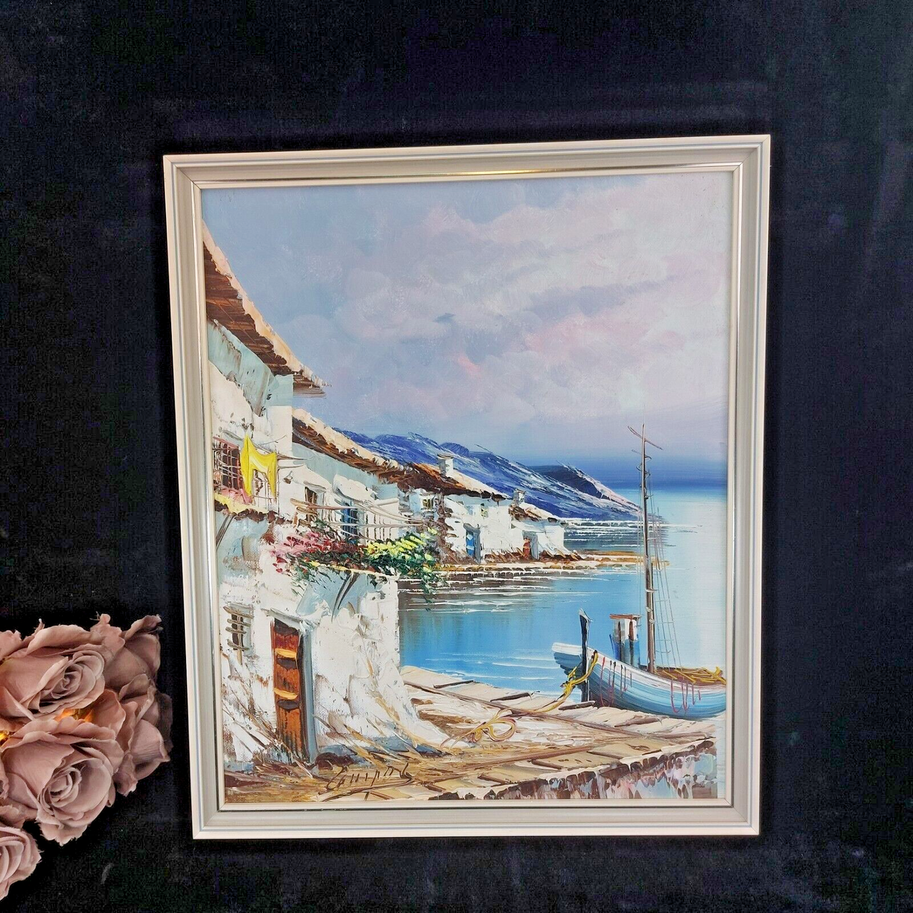Mediterranean Scene Coastal Oil Painting – Signed Framed Artwork United Kingdom0