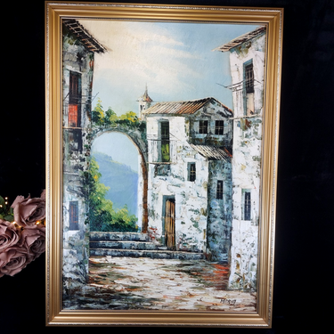 Framed Oil Painting gold – Signed by Maria European Village Scene Collectable0