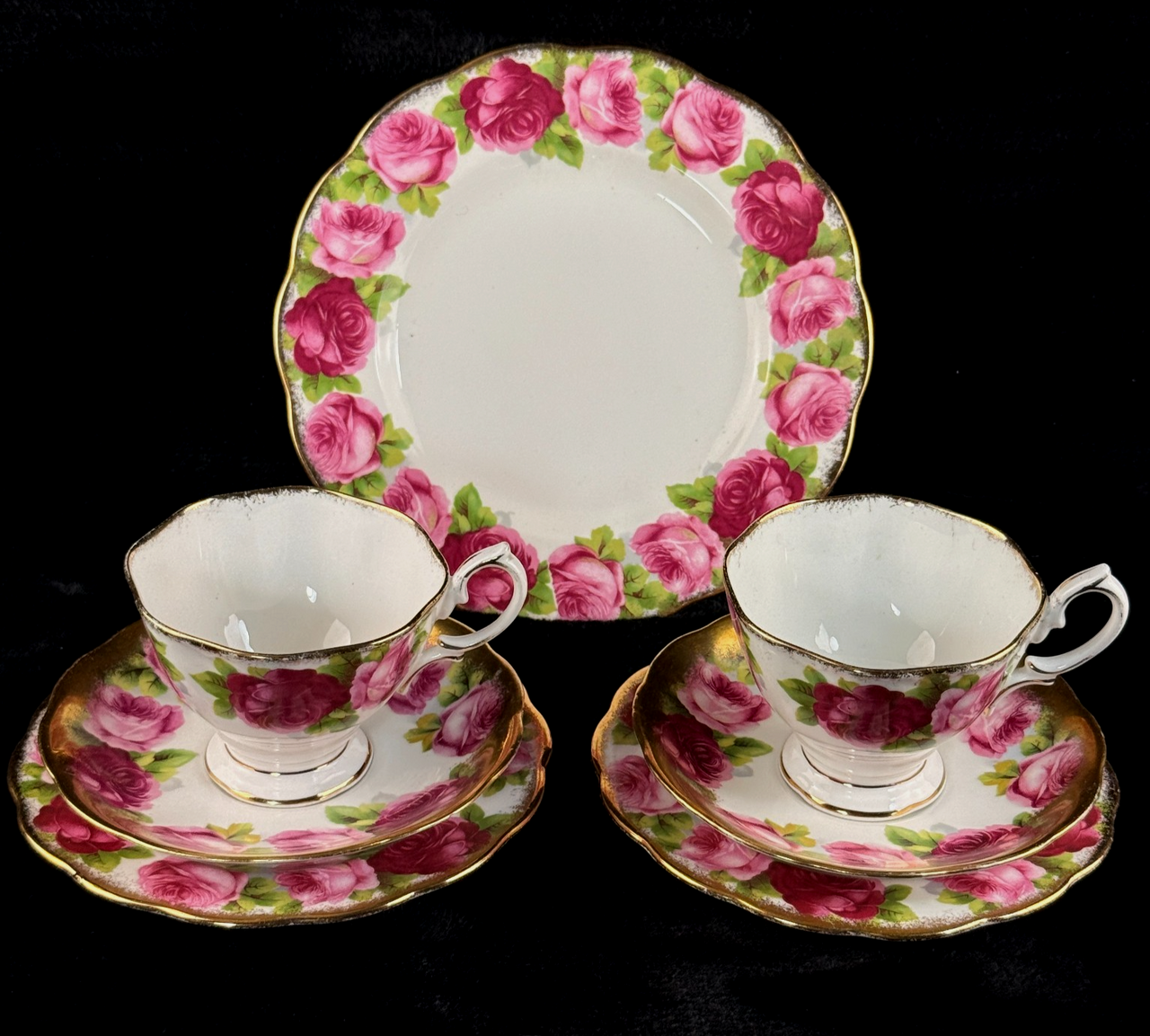 Pink Royal Albert Old English Rose Trio x2 & Serving Plate Bone China England3