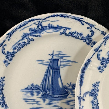 Delph Blue & White Transferware Plates Sailboat Scene x2 Antique, 1890s decor1