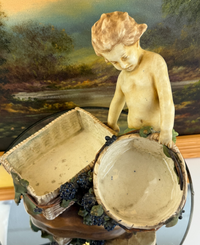 Thumbnail for Antique Putti Planter Figurine with Wicker Baskets and Berries - Majolica Style2