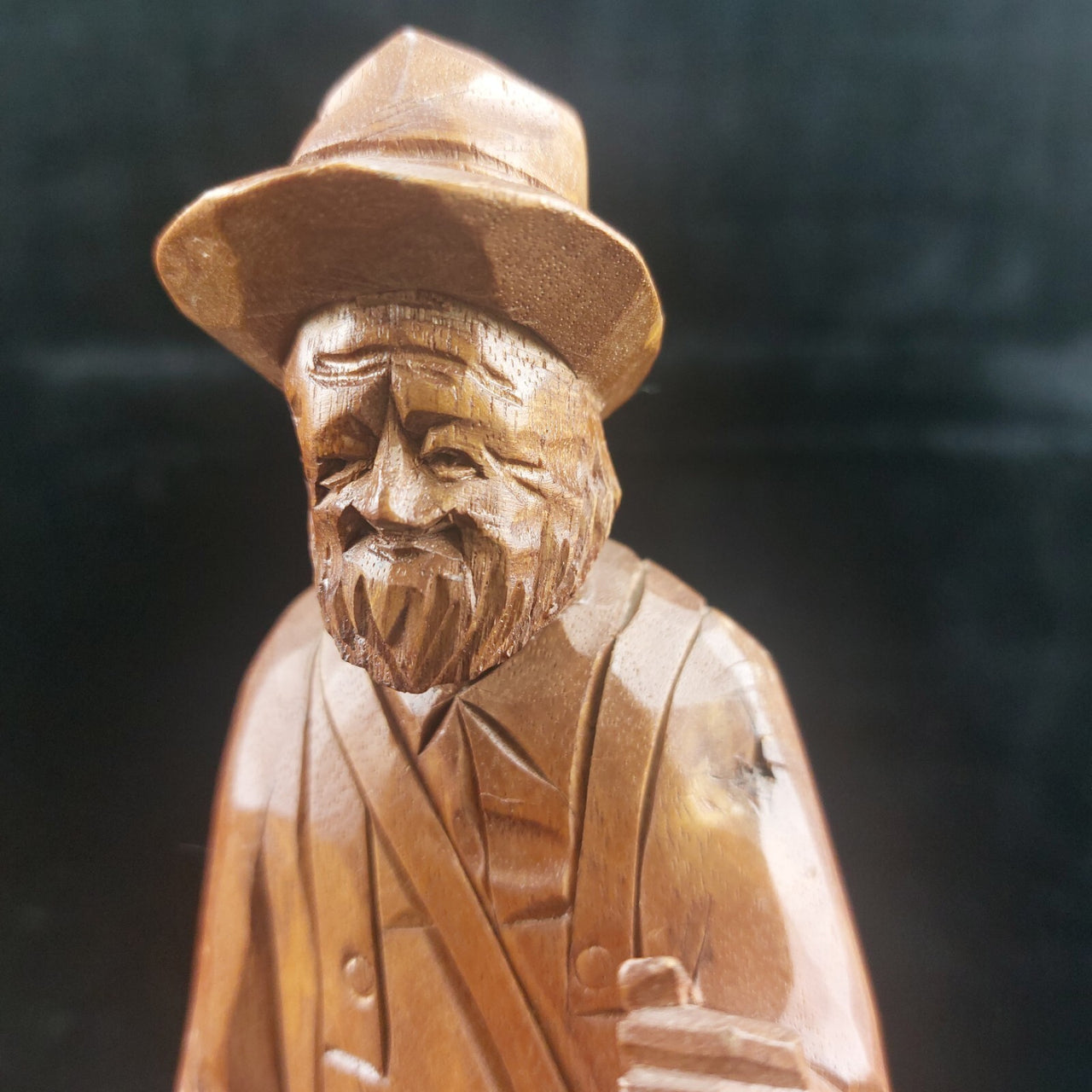 Wooden Vintage SculptureFisherman -Folk Art - Jocelyn Caron - Chipped Hand13