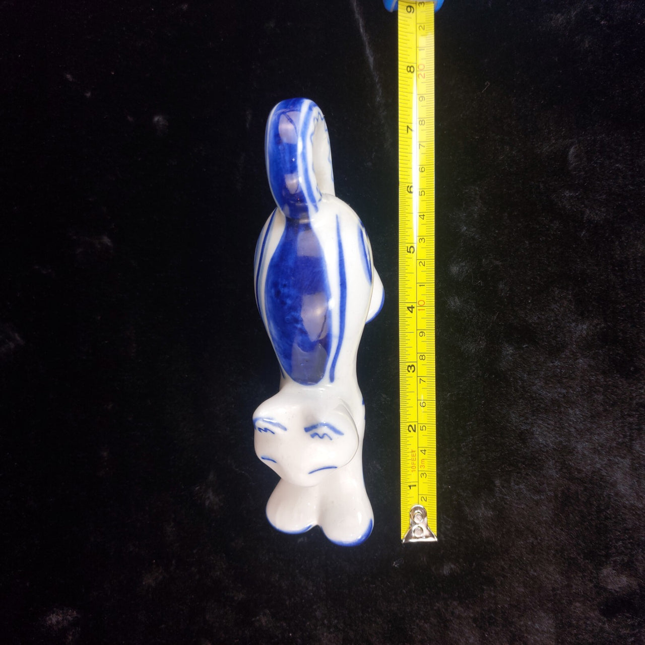 USSR Vintage Cat Figurine Good White Blue Stretching Kitten Russian Porcelain .9