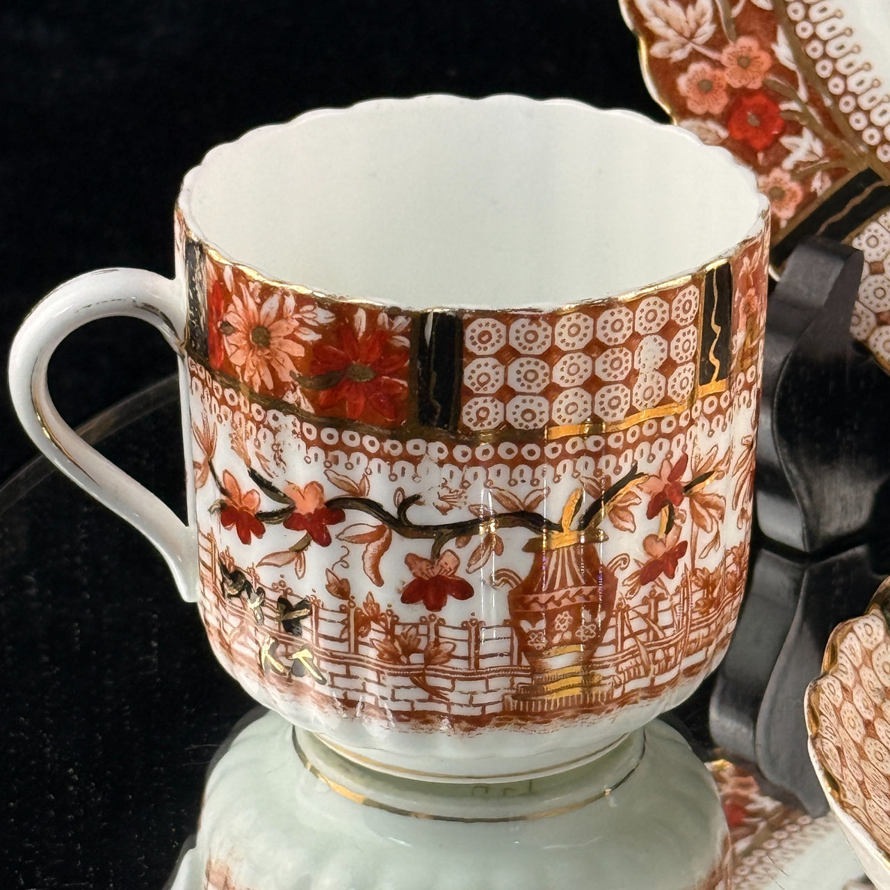 Bradford China Fenton Tea Trio Red Floral Gilt Antique Cup Saucer Plate deco Set2