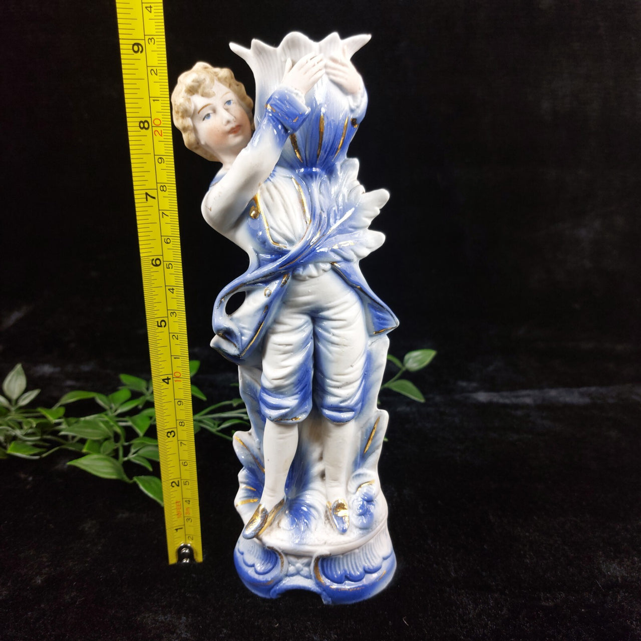 Antique German Bisque Porcelain  Candle Holder Figurine – Blue & Gold Accents 9"2