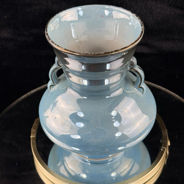 Antique Maling Vase England –Blue Glazed Twin Handle Urn Shape 6.5” decor China,1