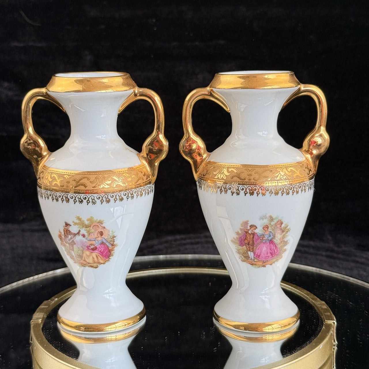 Pair of La Reine Limoges Porcelain Vases Gold Gilt Romantic Courting Couple2