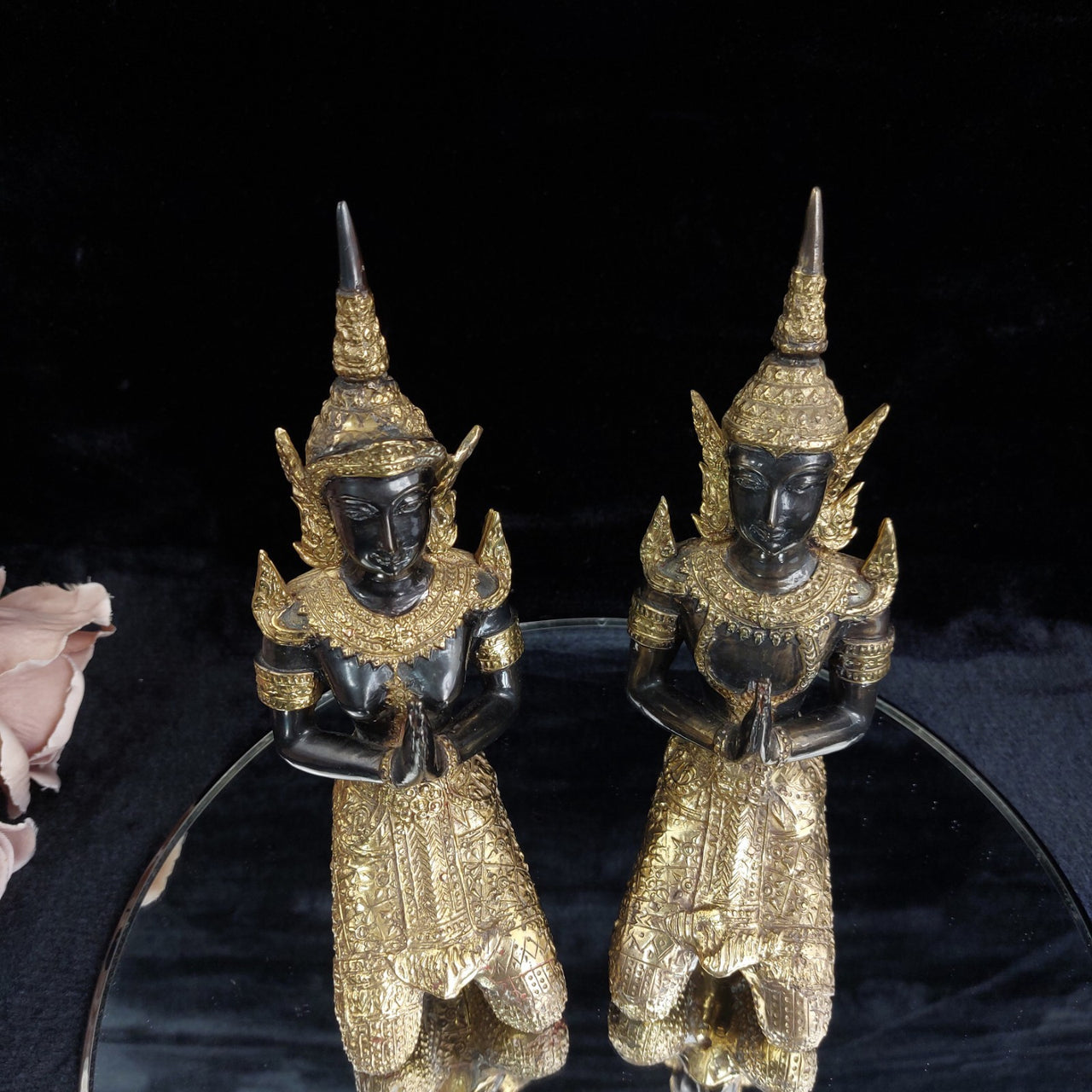 Thai Bronze Kneeling Praying 8.5" Statues Pair Ornate Gold Trim decor see pics15