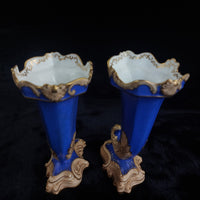 Thumbnail for Victorian Antique Blue Porcelain Vases/ ornoments Gold Gilt Leaf Design  Pair 10