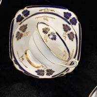 Thumbnail for Rare Royal Albert Crown China Blue Gold Leaf Tea Set Trio x2 & Jug England 1930s8