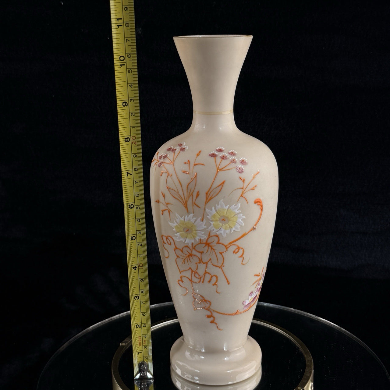 Antique Vintage Hand Painted Milk Glass Vase Floral Enamel Tall 10” Art Deco Sty9