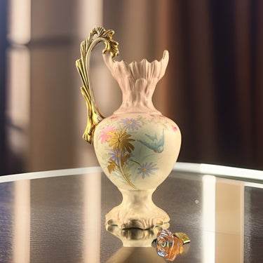 Victorian Style Floral Pitcher Vase Pink Gold Handle Bird Flowers 13” Ceramic.1