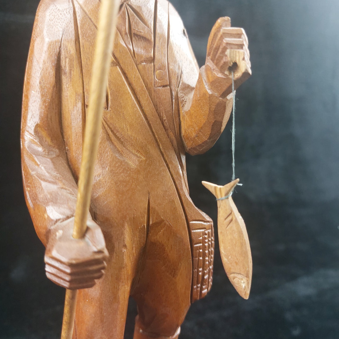 Wooden Vintage SculptureFisherman -Folk Art - Jocelyn Caron - Chipped Hand8