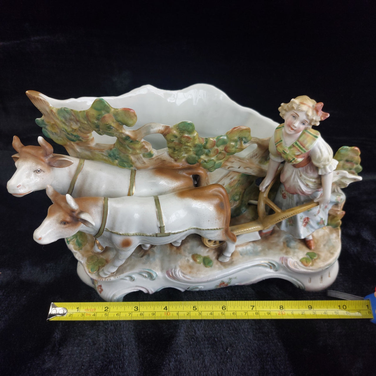 German Antique Porcelain Girl Oxen Cart Planter – Hand Painted 7"x10" 1261g16
