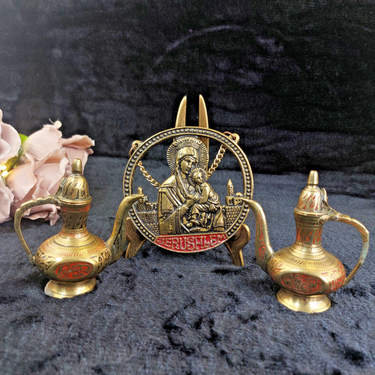 Brass Jerusalem Religious Plaque & Pic Holder & 2×Pitcher Collectable decor gold1