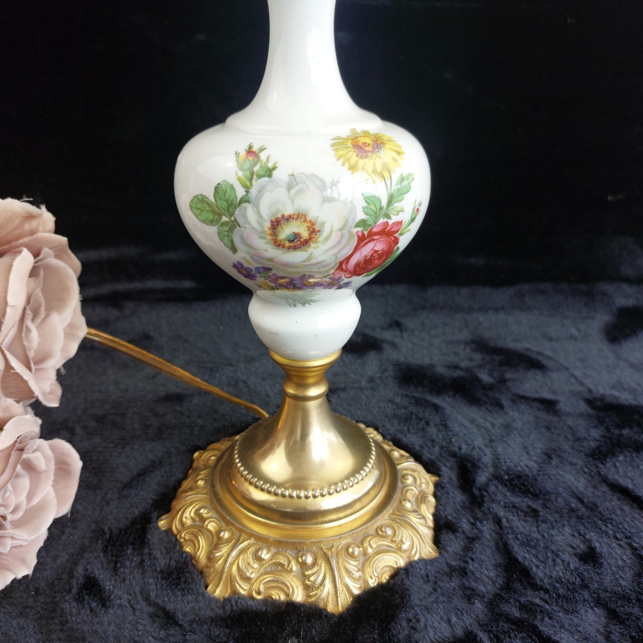 Stunning Italian Porcelain gold brass Floral Table Lamp antique Decor 17" Italy2