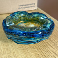 Thumbnail for Mdina Malta Art Glass Ashtray 80s Blue Yellow Swirl 13cm Heavy see the pics deco7