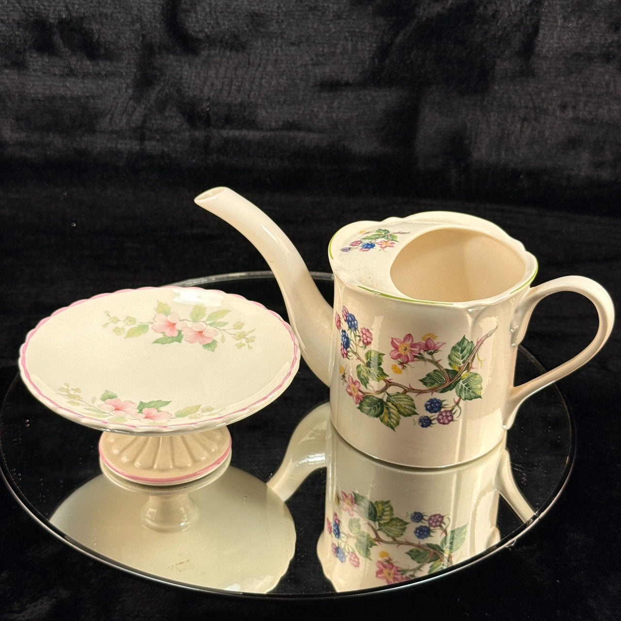 Hammersley Floral Mini Watering Can & Burleigh Pedestal Cake Stand Porcelain Set10