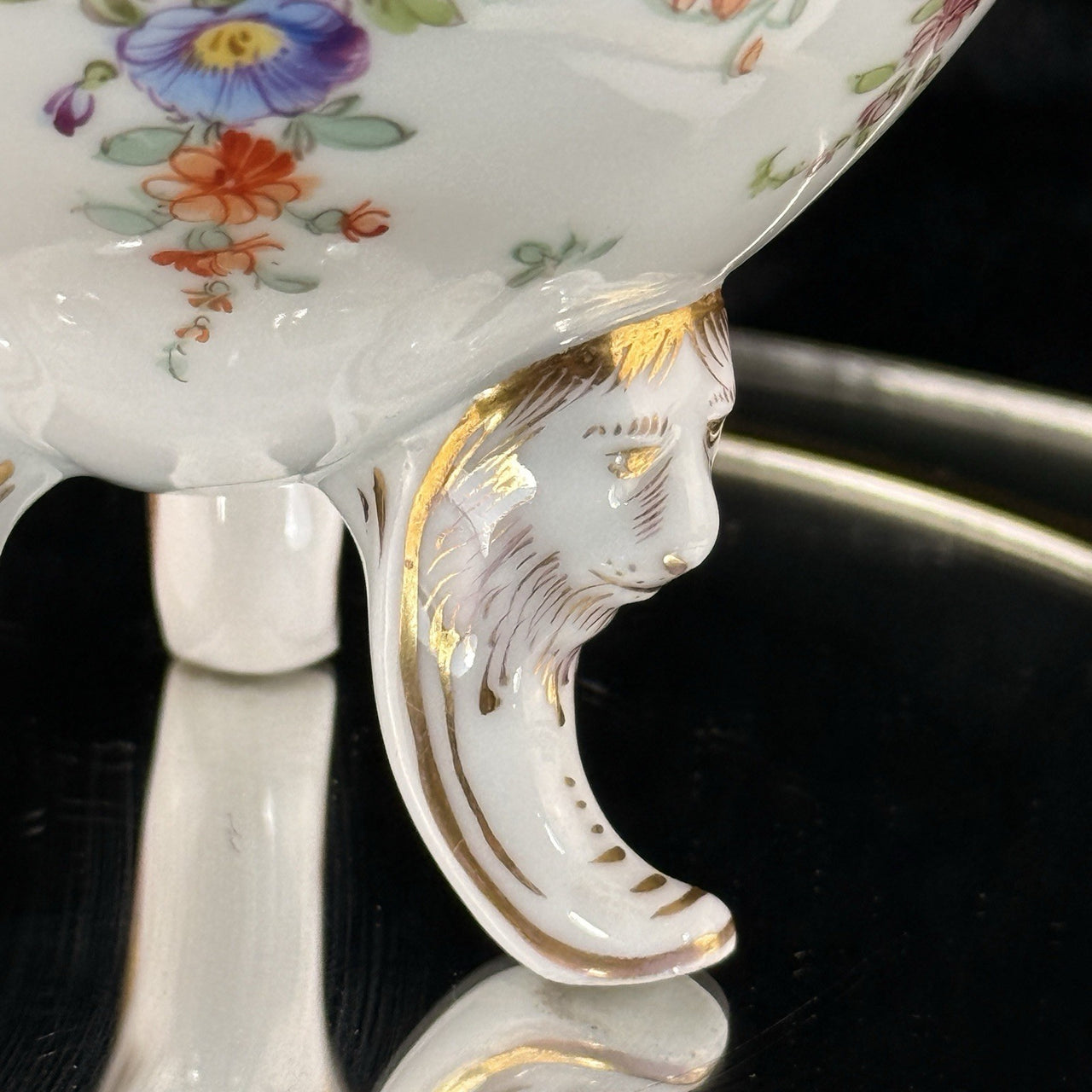 19th century antique Dresden Porcelain Vase Floral Tripod Legs 19th C Repaired3