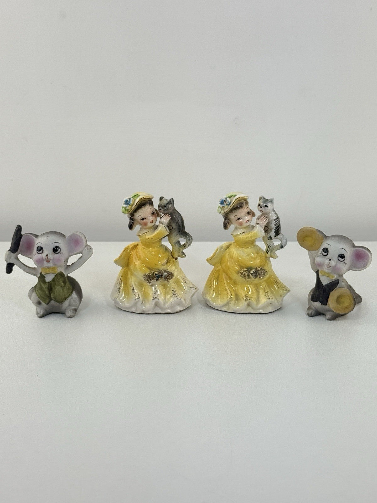 Vintage Korea Figurines Girl with Cat & Mice Set Hand Painted Ceramic 1950s6