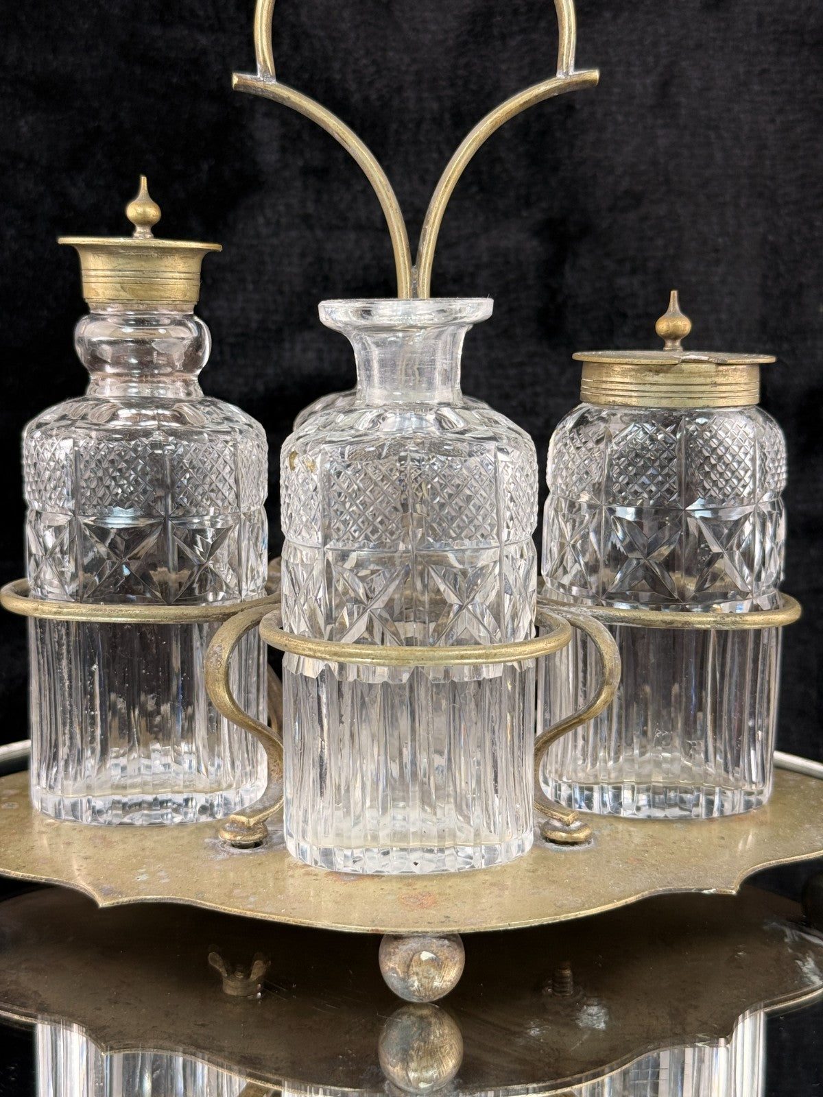 Antique Brass & Cut Glass Cruet Set Four Bottle Table Castor Stand Marked EPNS.2