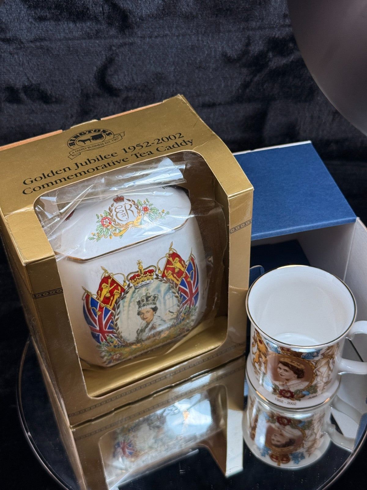 Ringtons Jubilee Golden Queen Elizabeth II Mug &Tea Caddy Set 1952–2002 SEE BOX11