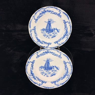 1890s antique plate Delph Blue & White Transferware Plates Sailboat Scene x20