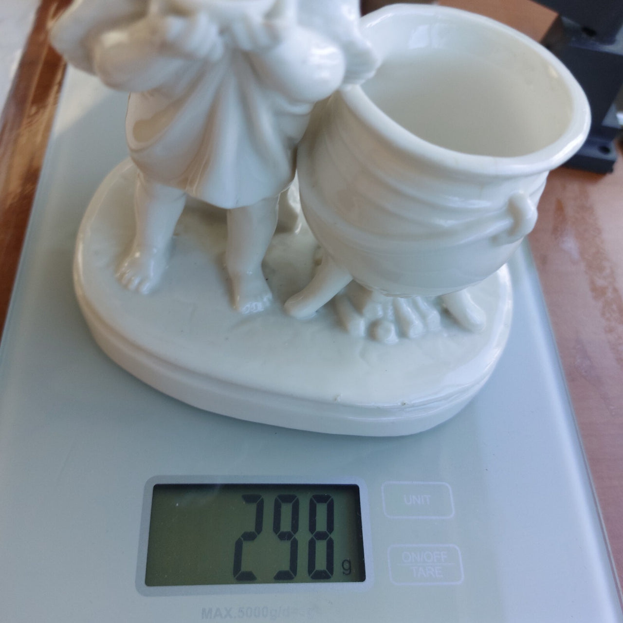 Antique 5.5" Porcelain Figurine Boy w/ Barrel Inkwell Holder White Glaze13