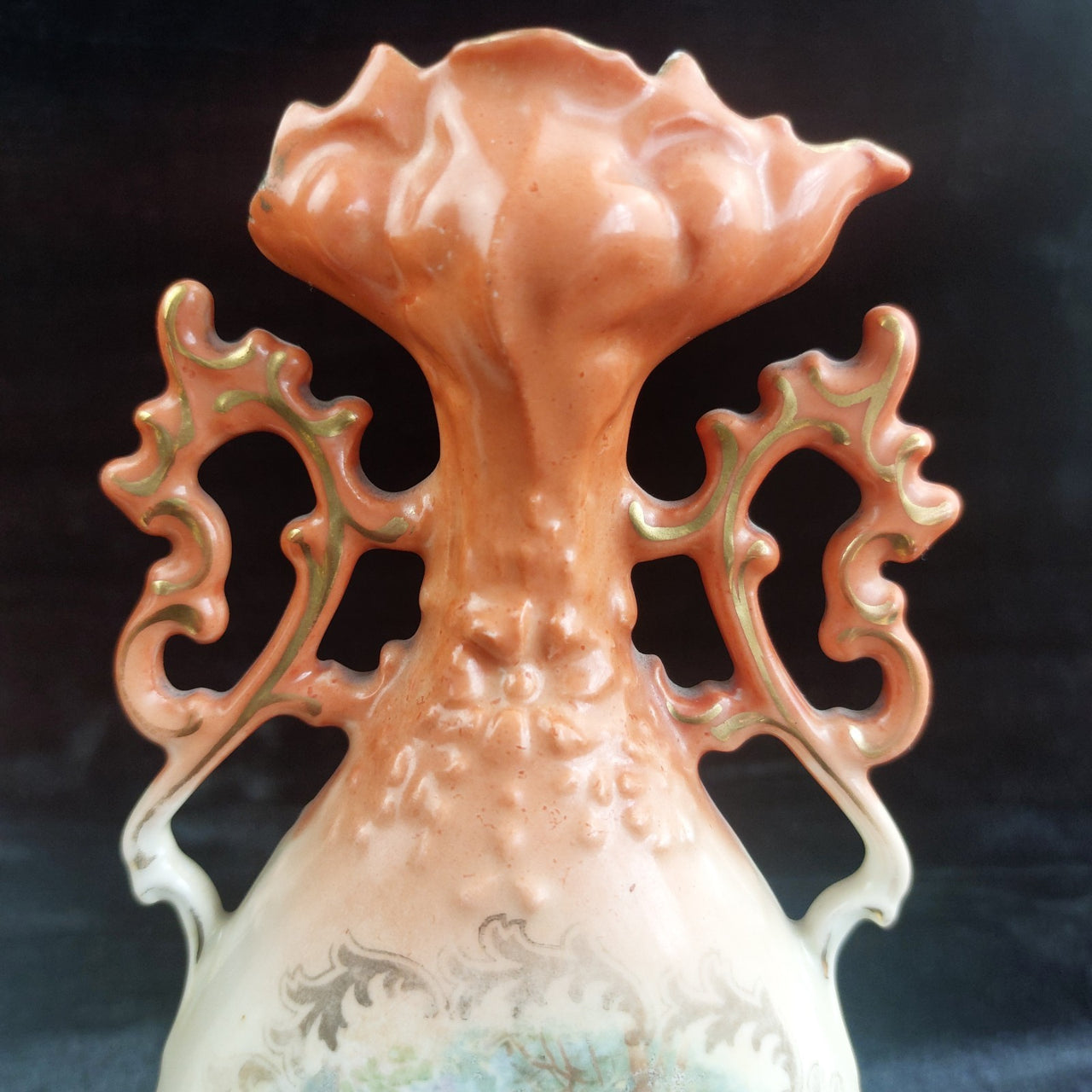 Victoria Austria Porcelain Vase Pair Handled Romantic Scene Antique Decor. 9in10