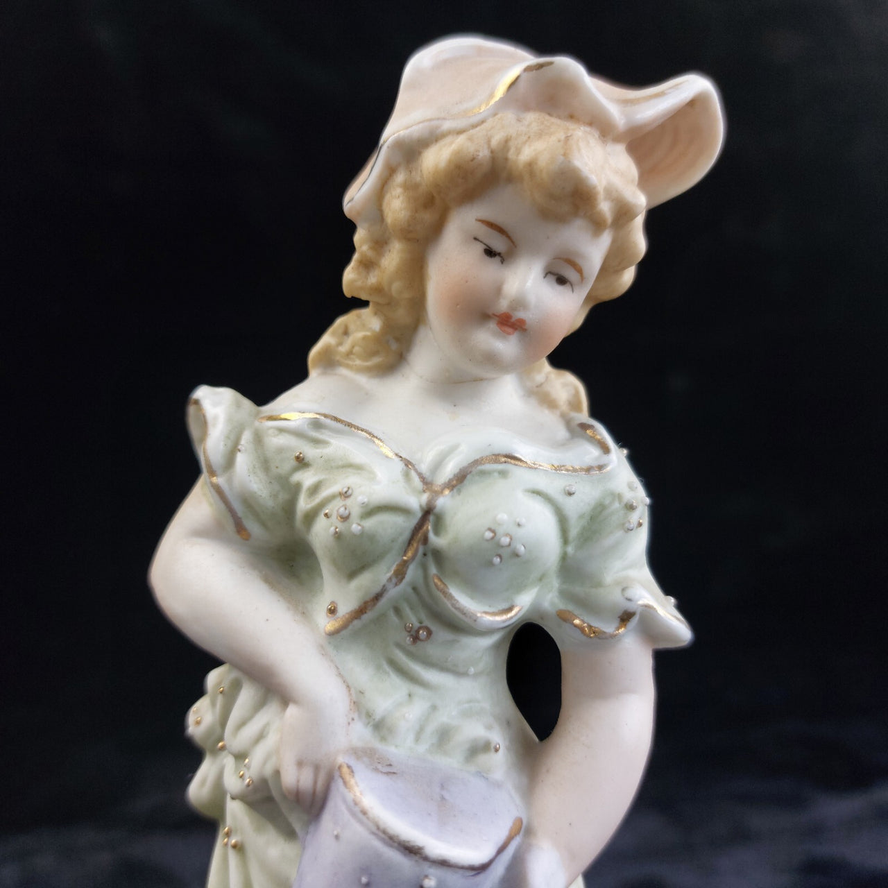 German 9in Bisque Figurine Girl Watering Can Antique Hand Painted Gilt Accents6