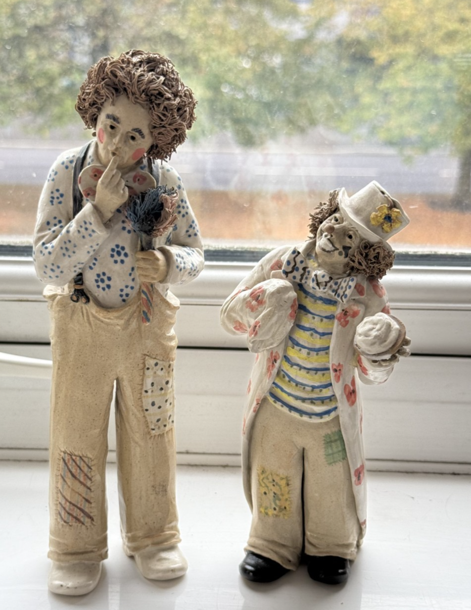 Rare Signed Art Pottery Clay Clowns Figures - Pair by JR Figurine Italy Medium d1