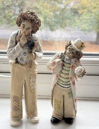Thumbnail for Rare Signed Art Pottery Clay Clowns Figures - Pair by JR Figurine Italy Medium d1