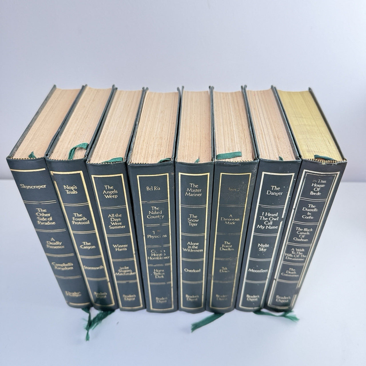 Reader’s Digest Condensed 1980s Books Set x9 Green Leatherette Bookshelf Deco4