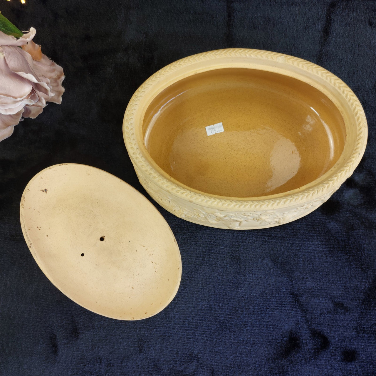 Antique 1800s Wedgwood Yellow Jasperware Game Dish - Little crack & chips China.3
