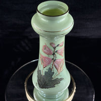 Thumbnail for Milk Antique Glass Vase Pink Bell Flowers 10.5” Green Enamel Gilt bohem decor10