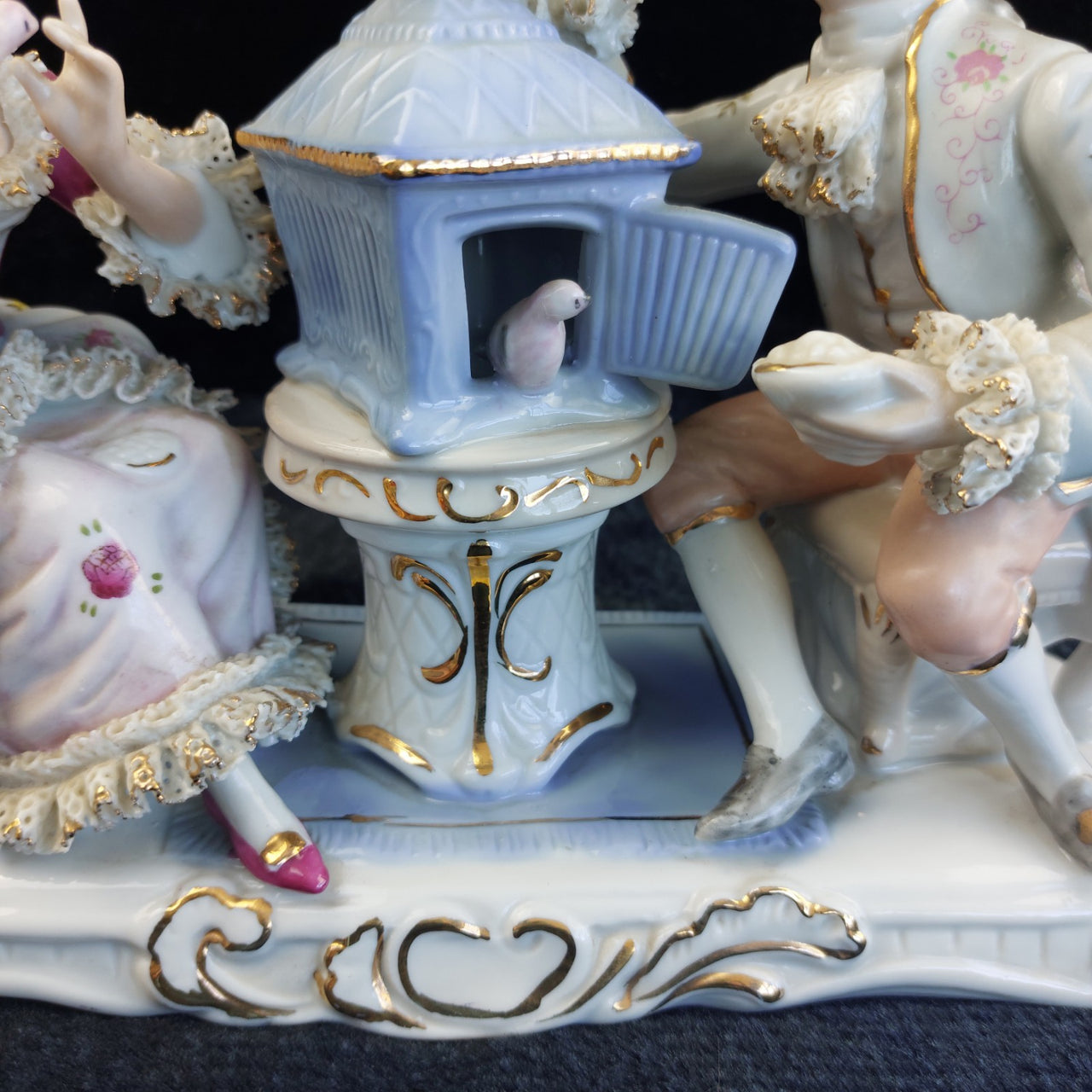 Dresden Style Porcelain Couple with Birds cage –Worn Lace & Tip Damage Gilt 9in15
