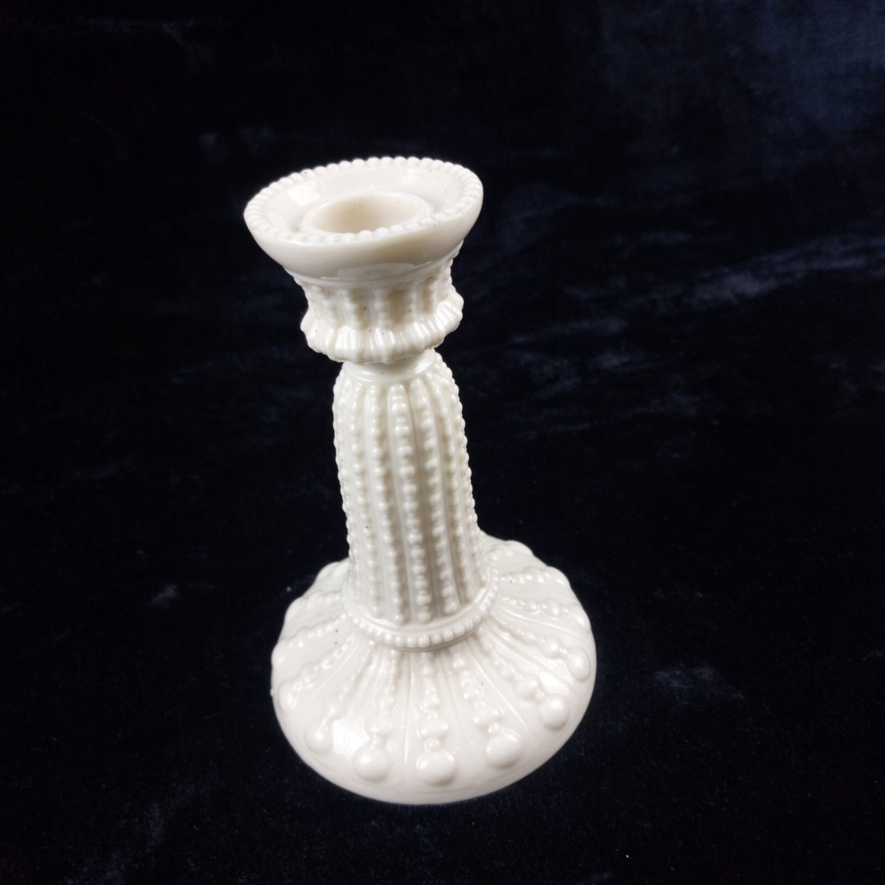 Rare Milk Glass porcelain Candlestick Holder, Black Dot Chipped Rim & Base 6.5"15