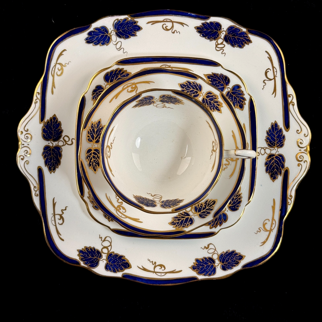 Rare Royal Albert Crown 1930s Cobalt Blue 2 Trios & Cake Plate Set England. 4