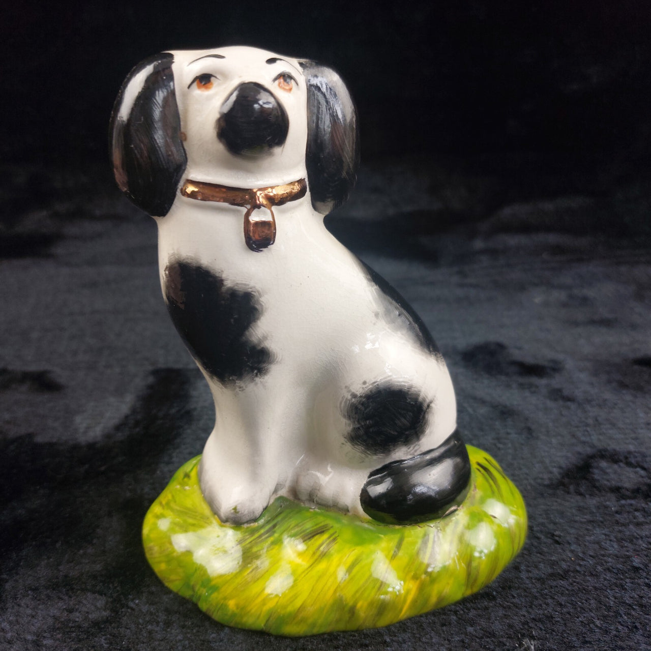 Staffordshire Ware Figure Dog Acceptable Black White Green Base Worn Damage 6"7