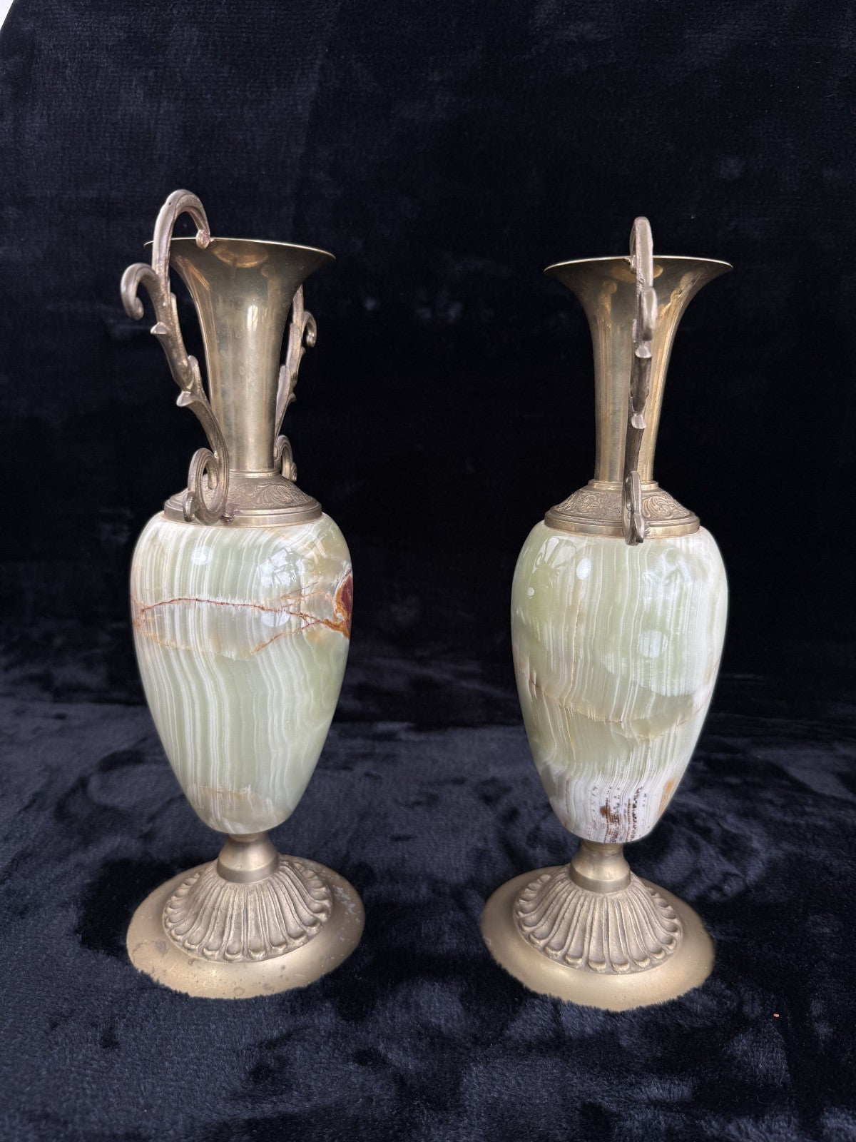 Pair of Brass & Green Onyx Marble Urn Vases Ornate Handles Decorative 35cm22