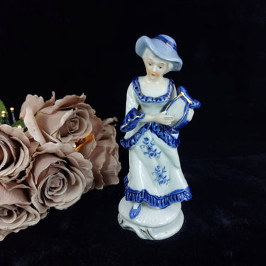 Porcelain Lady Figurine – Blue & White Victorian Style United Kingdom Vintage0