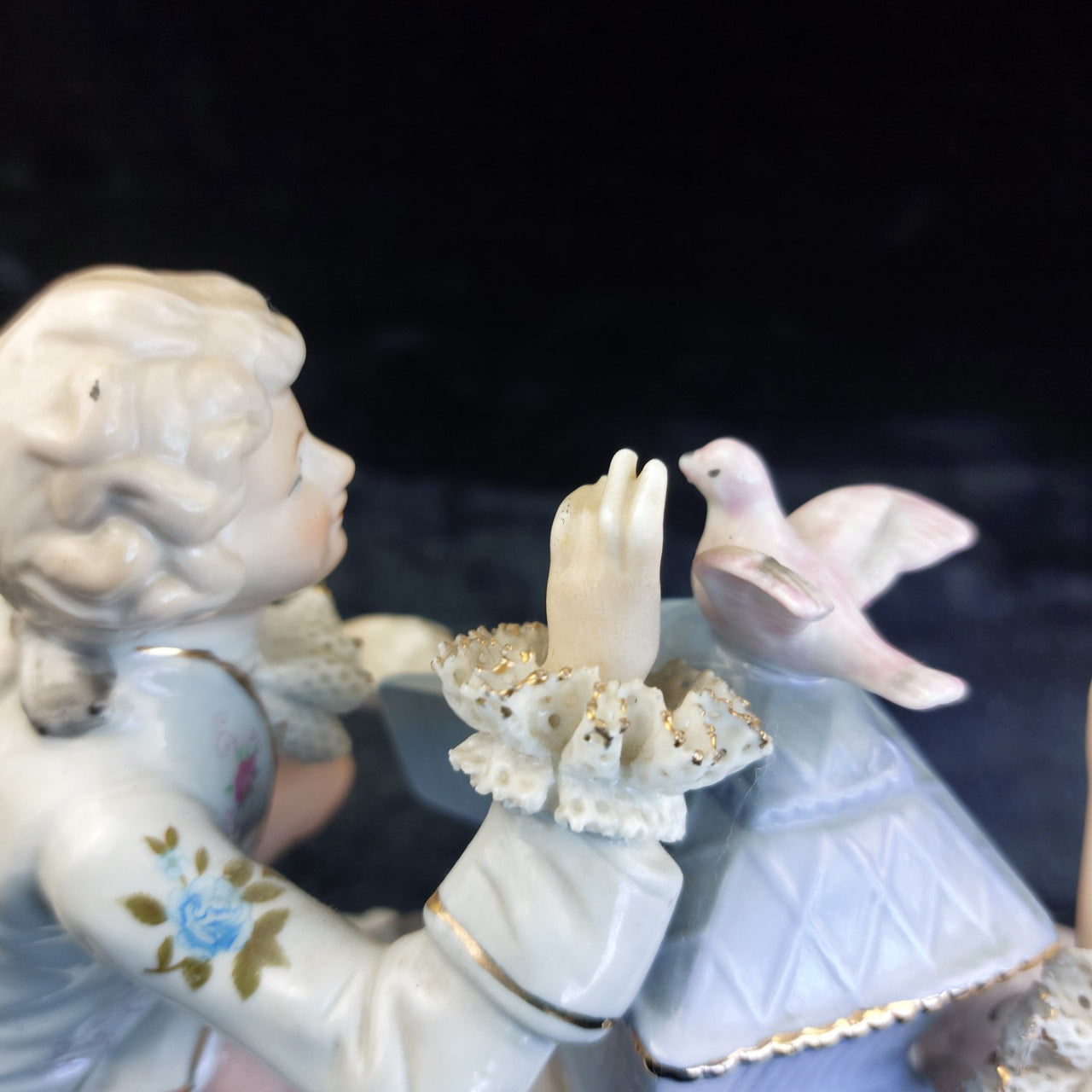 Dresden Style Porcelain Couple with Birds cage –Worn Lace & Tip Damage Gilt 9in13