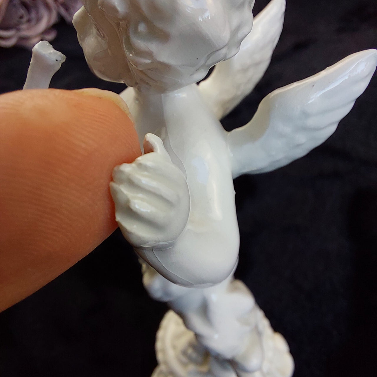 Antique Italy Cherub Figurines Pair 6.5in Porcelain White Trumpet Flowers Damage17