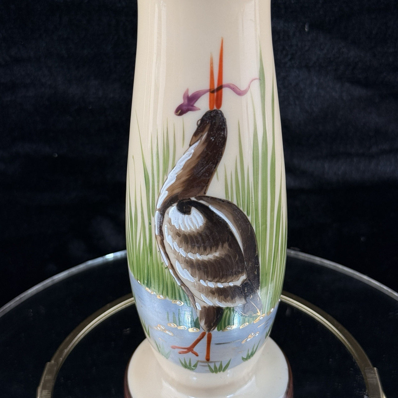 Vintage Porcelain Milk Vase 9" Hand Painted Heron Wetland Scene Gold Trim Accent5