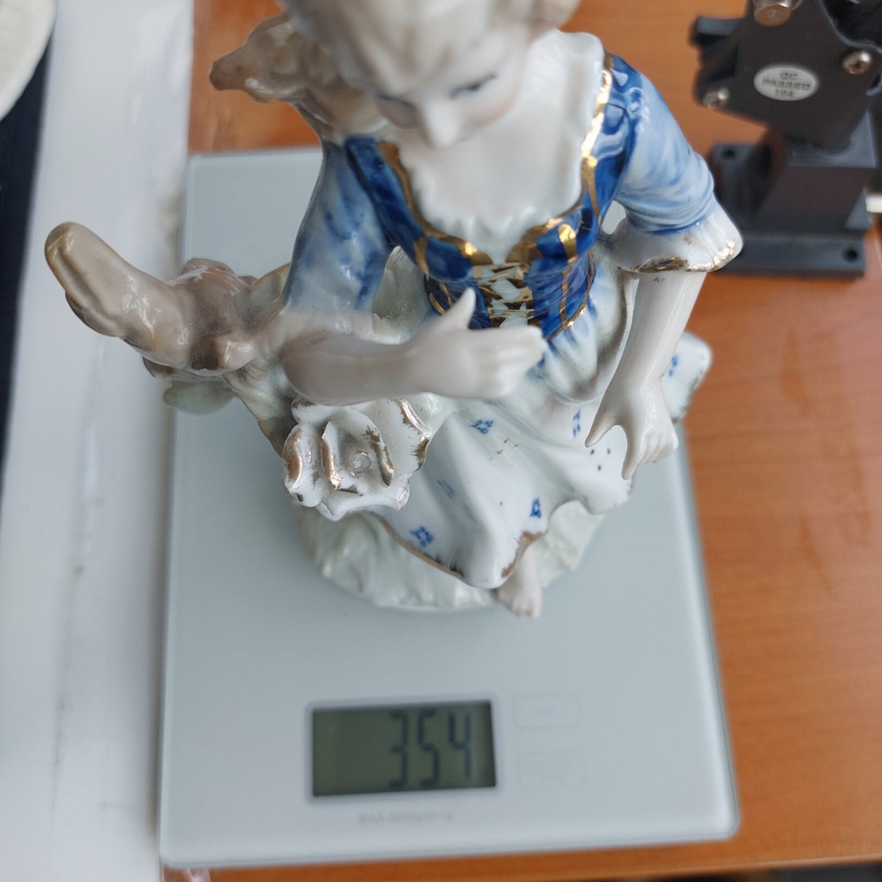 German Porcelain Figurine 8.5in Lady with Rose Blue Gold White see pics decor.10