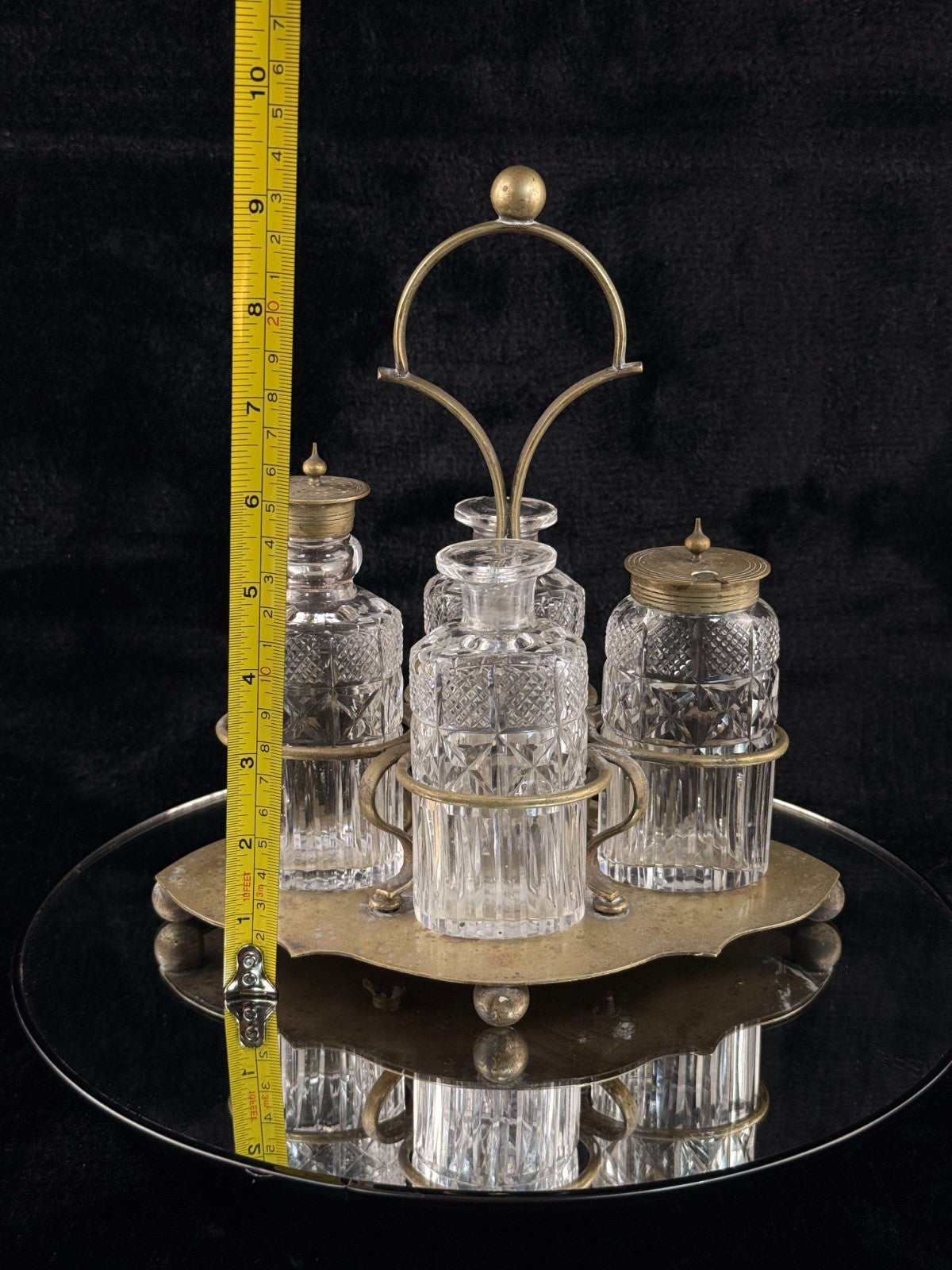 Antique Brass & Cut Glass Cruet Set Four Bottle Table Castor Stand Marked EPNS.4