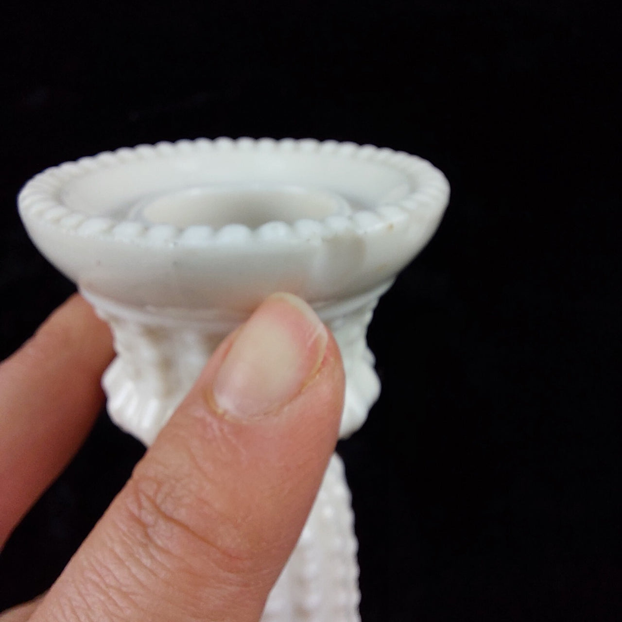 Rare Milk Glass porcelain Candlestick Holder, Black Dot Chipped Rim & Base 6.5"2