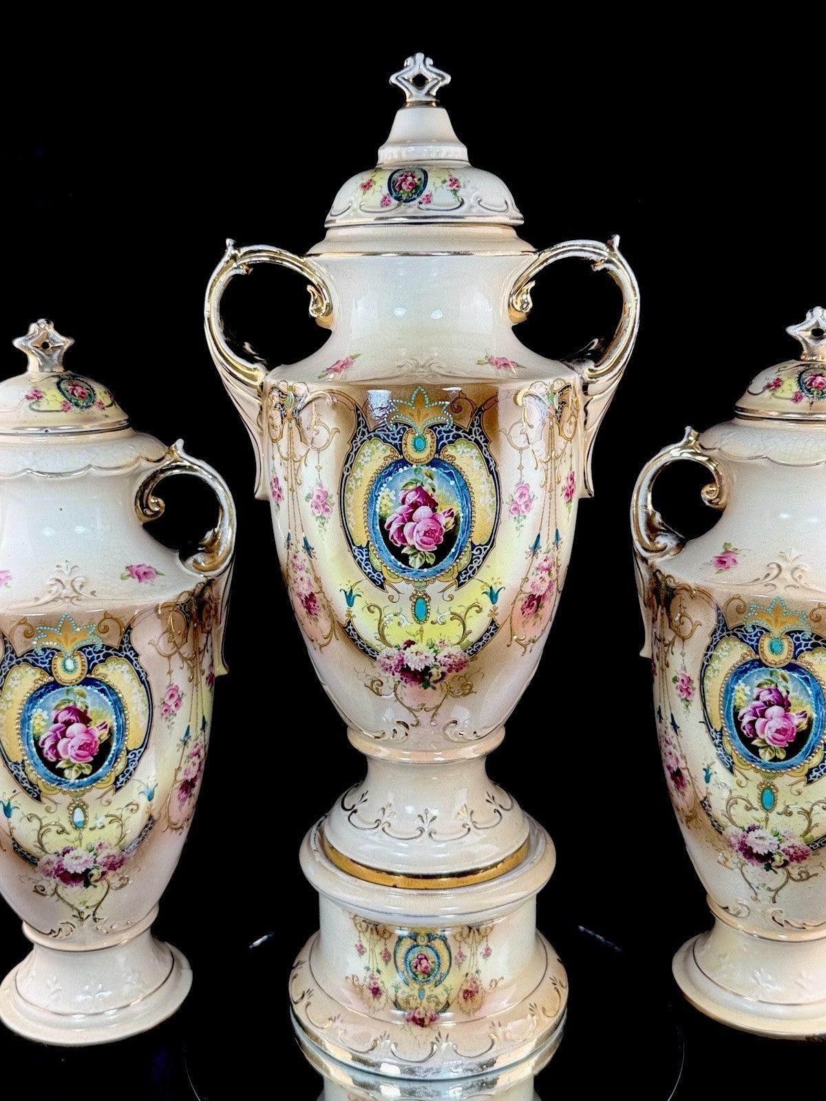 Antique English Alton Ware Urns Set Hand Painted Roses Gilded Porcelain Vase Set2